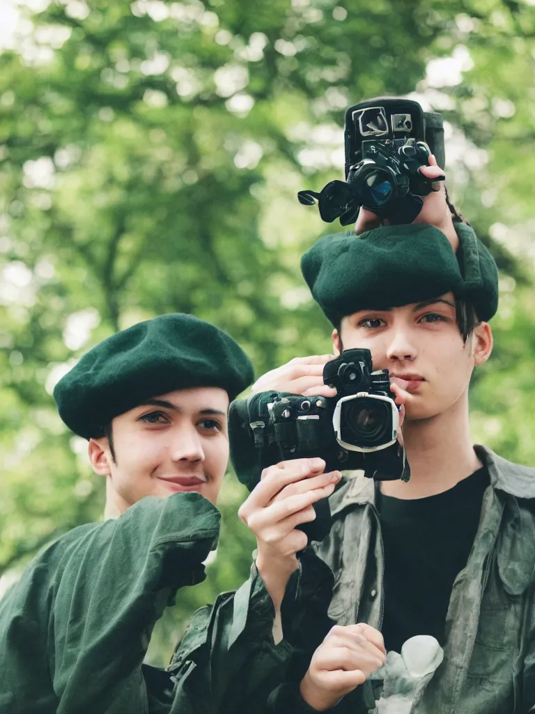 Image similar to slim young man with dark curly hair wearing a black artists beret, a green shirt, black trousers, taking a photo with his 35mm camera in a park highly lomo bright colours vintage