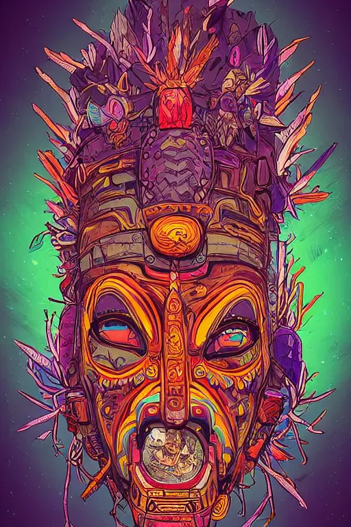 Image similar to totem animal tribal chaman vodoo mask feather gemstone plant wood rock video game illustration vivid color borderlands by josan gonzales and dan mumford radiating a glowing aura