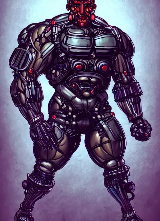 Image similar to Full body portrait of an extremely muscular, very buff, huge mutant man with a creepy cybernetic mask. He Is wearing only a loincloth. In style of Yoji Shinkawa and Hyung-tae Kim, trending on ArtStation, dark fantasy, great composition, concept art, highly detailed. Colourful.