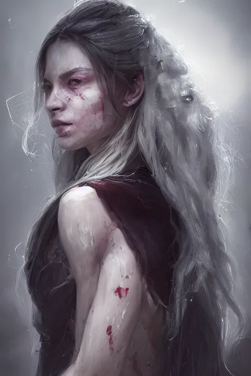 Prompt: a fancy portrait of a young ripped girl with long white hair by greg rutkowski, sung choi, mitchell mohrhauser, maciej kuciara, johnson ting, maxim verehin, peter konig, bloodborne, 8 k photorealistic, cinematic lighting, hd, high details, dramatic, dark atmosphere, trending on artstation