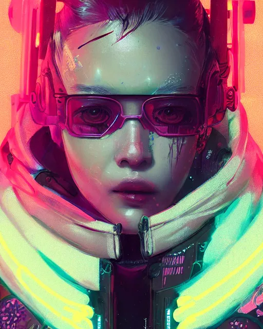 Image similar to detailed portrait Neon Operator Girl, cyberpunk futuristic neon, reflective puffy coat, decorated with traditional Japanese ornaments by Ismail inceoglu dragan bibin hans thoma greg rutkowski Alexandros Pyromallis Nekro Rene Maritte Illustrated, Perfect face, fine details, realistic shaded, fine-face, pretty face