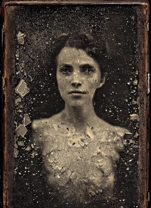 Image similar to old wetplate daguerreotype portrait with crackled skin, explosion of data fragments, fractal, intricate, elegant, highly detailed, parallax, leica, medium format, subsurface scattering, by jheronimus bosch and greg rutkowski and louis jacques mande daguerre