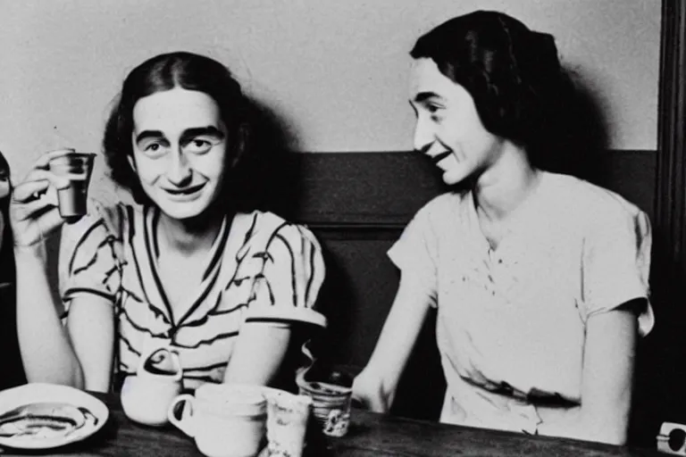 Image similar to anne frank and tupac shakur drinking coffee