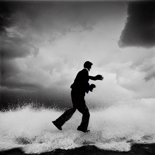 Prompt: man running from the stormy clouds by Trent Parke, clean, detailed, Magnum photos