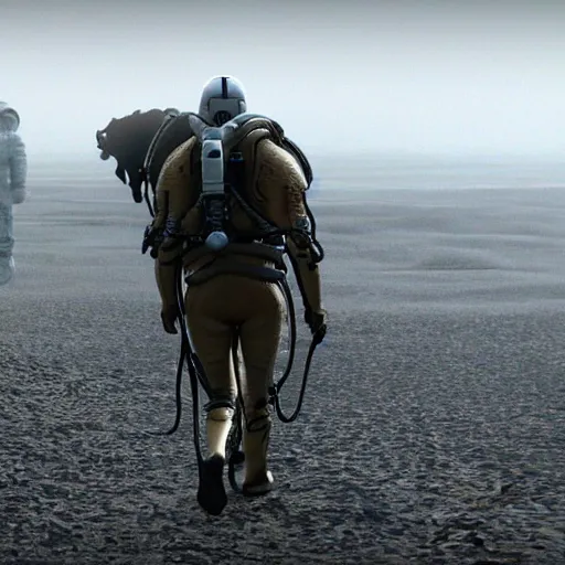 Image similar to death stranding game, a astronaut walks on the ground, walks hard, heavy load, carries a horse on his back, heavy horse, a horse in the air, a horse riding an astronaut, games lag, lag in the game, unreal engine 5, artstationhd, 4 k, 8 k, 3 d render, 3 d houdini, cinema 4 d, octane,