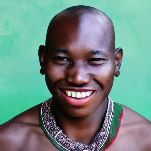 Image similar to photograph of a african person with japanese eyes and a grotesque smile