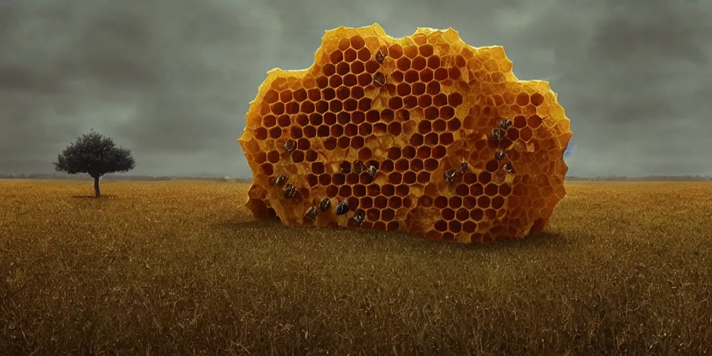 Image similar to real honeycomb organic building with dripping honey by tomas gabzdil libertiny sitting on the field, film still from the movie directed by denis villeneuve arrival movie aesthetic with art direction by zdzisław beksinski, telephoto lens, shallow depth of field