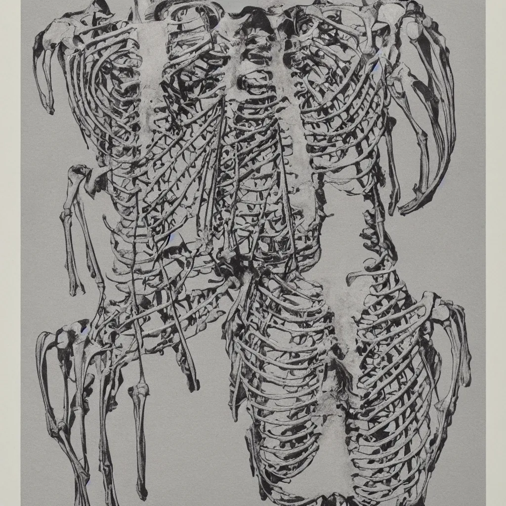 Image similar to vintage risograph of realistic skeleton