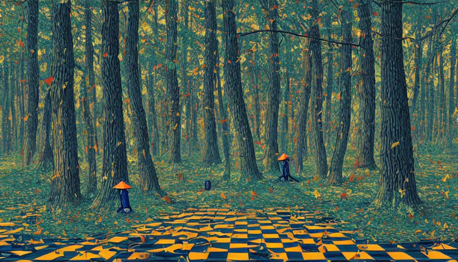 Image similar to safety cones scattered around an oak tree forest checker board forest floor, by james jean by ilya kuvshinov kintsugi, hyper detailed surrealist painting