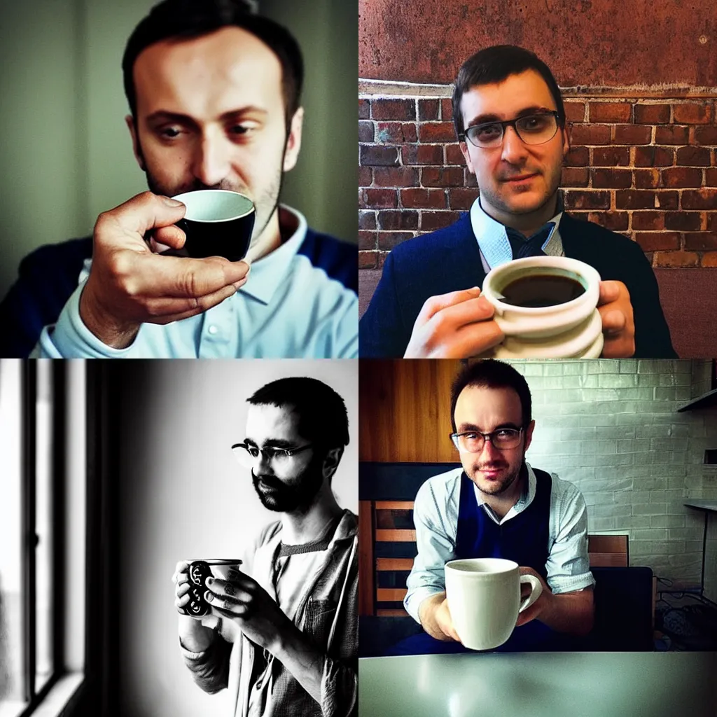 Prompt: “ highly detailed photo of dmitry viktorovich livanov holding a cup of coffee ”