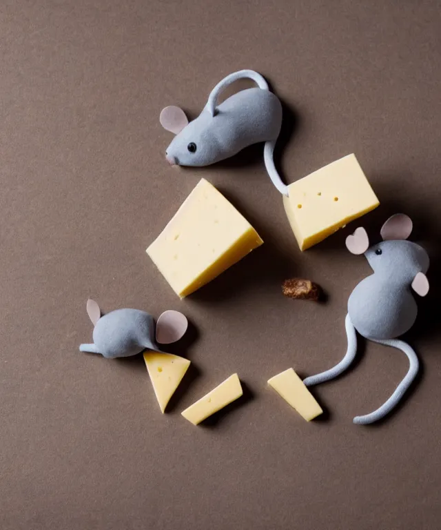 Image similar to high quality presentation photo of cute anthropomorphic grey mice eating cheese, photography 4k f1.8 anamorphic bokeh 4k Canon Nikon