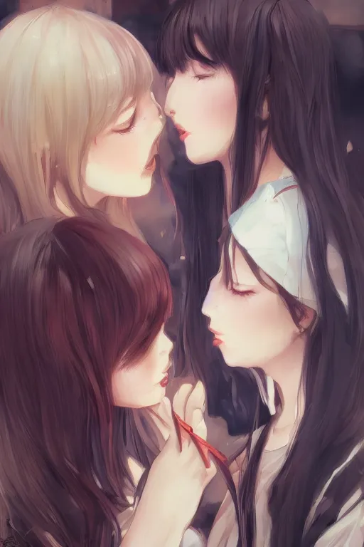 Image similar to portrait of two girls kissing, anime, drawn by WLOP, trending on Artstation