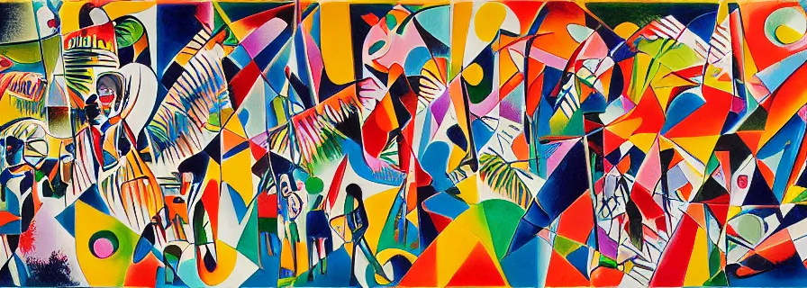 Image similar to party in jungles, girls with a slim figure in carnival skirts and guys in polygonal print shorts dance to the sound of ethnic drums, author zima blue, very elongated lines, wasily kandinsky, malevich, dramatic pop art, color splashes, grain