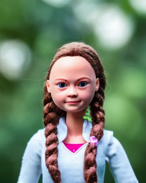 Image similar to high quality presentation photo of a cute greta thunberg barbie doll, photography 4k, f1.8 anamorphic, bokeh, 4k, Canon, Nikon