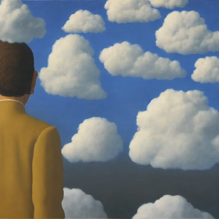 Image similar to cloud - man, by rene magritte, centered, detailed painting, hd, hq, high resolution, high detail, 4 k, 8 k