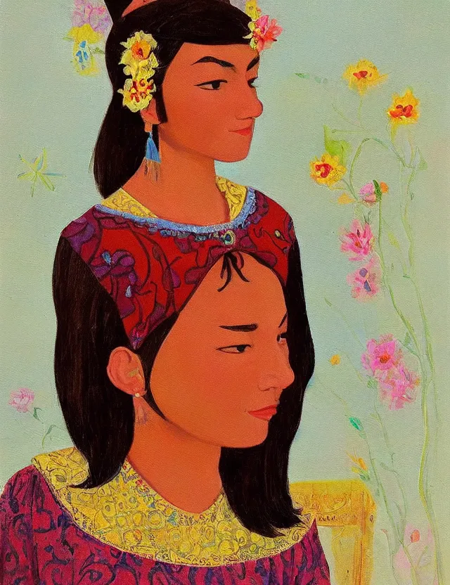 Prompt: central asian woman with cat ears, wearing a lovely dress. this oil painting by the beloved children's book author has impeccable lighting, an interesting color scheme and intricate details.