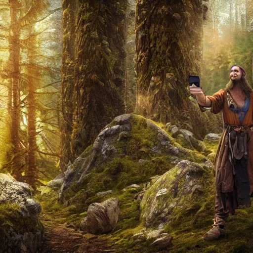 Image similar to human druid in the woods taking a selfie smiling, beautiful light, mountains, nature, animals, nature magic, fantasy book, d & d, high detail, 8 k, octane render painting, dark fantasy