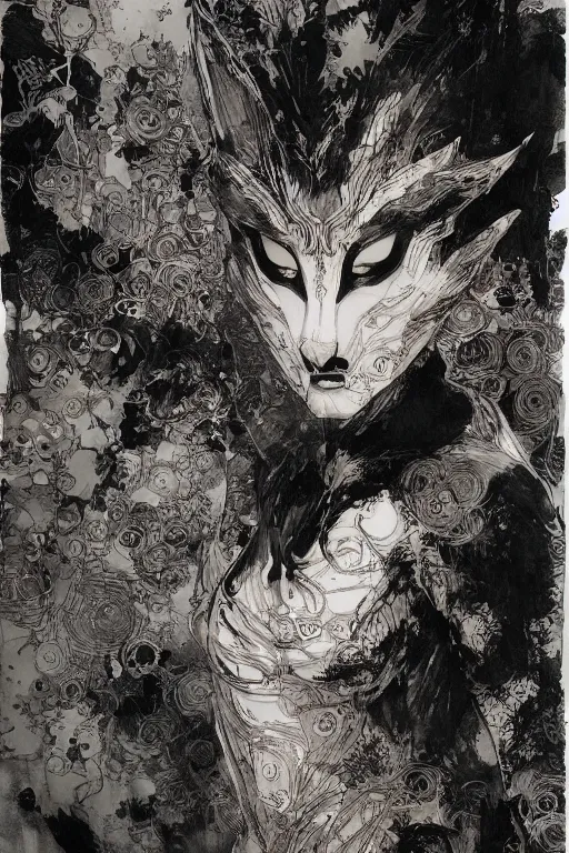 Image similar to portrait of a girl in kitsune demon fox mask and black suit, pen and ink, intricate line drawings, by craig mullins, ruan jia, kentaro miura, greg rutkowski