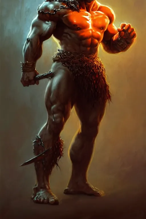 Prompt: full body portrait of [ [ [ john cena ] ] ] as a barbarian, by frank frazetta, greg rutkowski and peter mohrbacher, dramatic action pose, extremely detailed shading, sharply focused, concept art, digital painting, trending on artstation, unreal engine 5, octane render, atmosphere, glow, cinematic lighting, full of color
