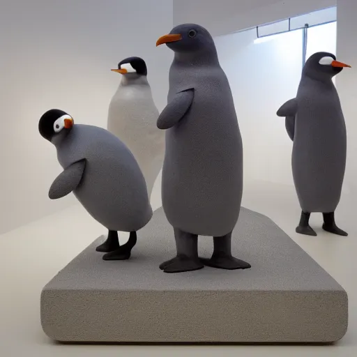 Prompt: pingu visits an art exhibition, sculptures, white gallery, igloo, contemporary art, photorealistic