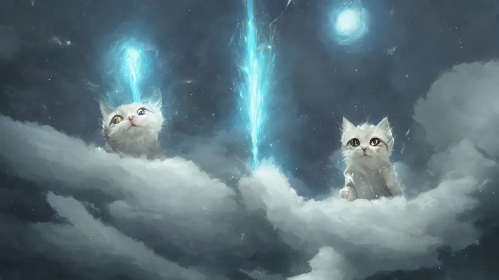 Image similar to a single cartoonish kitten dressed as Gandalf floating in space, bright stars, anime, a fantasy digital painting by Greg Rutkowski and James Gurney, trending on Artstation, highly detailed