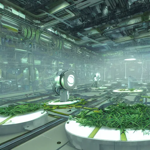 Prompt: Robo-modules of the GLaDOS super computer in the center of a huge hall overgrown with vines and plants of the complex, old computers, a suspension of dust in the air, rays of light through the ceiling, realism, art,