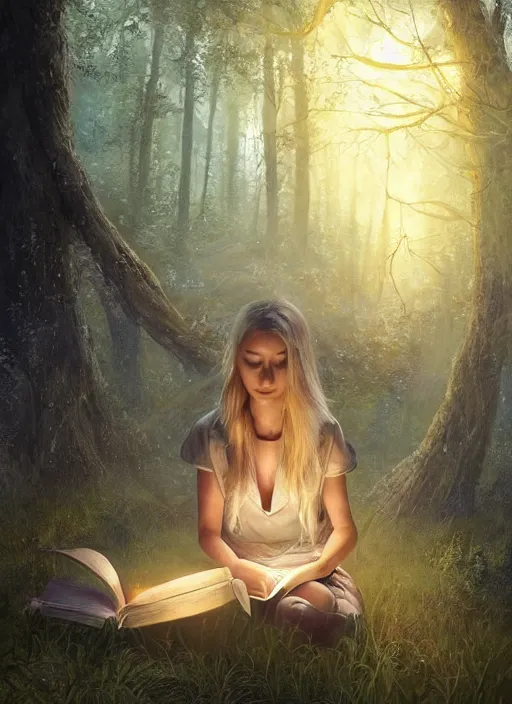 Image similar to portrait, gorgeous blond girl sits cross-legged in mystical misty forest, reading under a tree, fireflies and fairies illuminate the pages, dramatic lighting, cinematic, establishing shot, extremly high detail, foto realistic, cinematic lighting, post processed, concept art, artstation, matte painting, style by eddie mendoza, raphael lacoste, alex ross