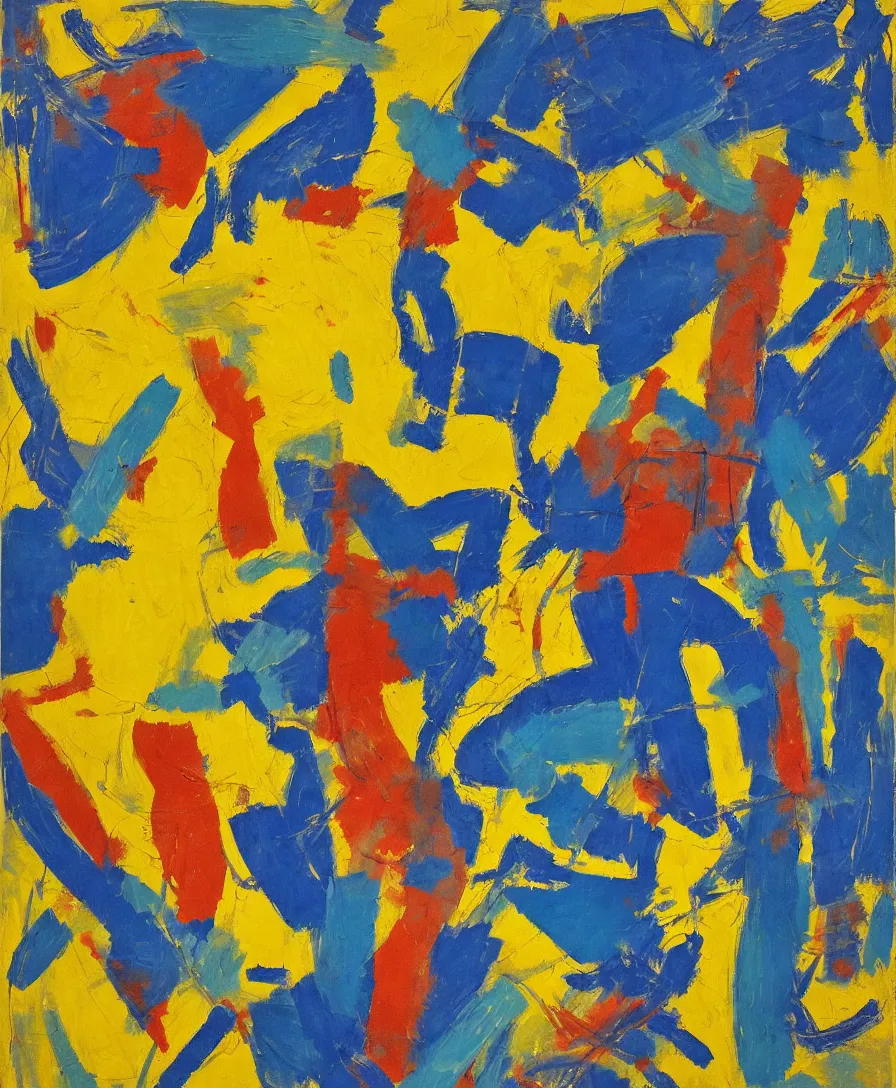 Prompt: a warrior with a blue - yellow flag defeats satan, expressive abstractionism, many small saturated hard relief strokes of oil on canvas with high detail