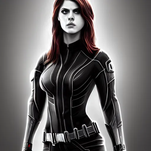 Image similar to Alexandra Daddario as Black Widow, full body, 8k, intricate, cinematic lighting, highly detailed, digital painting, artstation, concept art, smooth, sharp focus, illustration, art by Artgerm