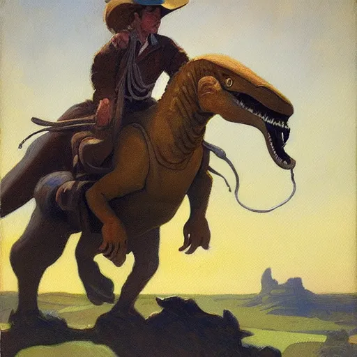 Image similar to a painting of a cowboy riding a dinosaur in the style of n. c. wyeth and in the style of james gurney.