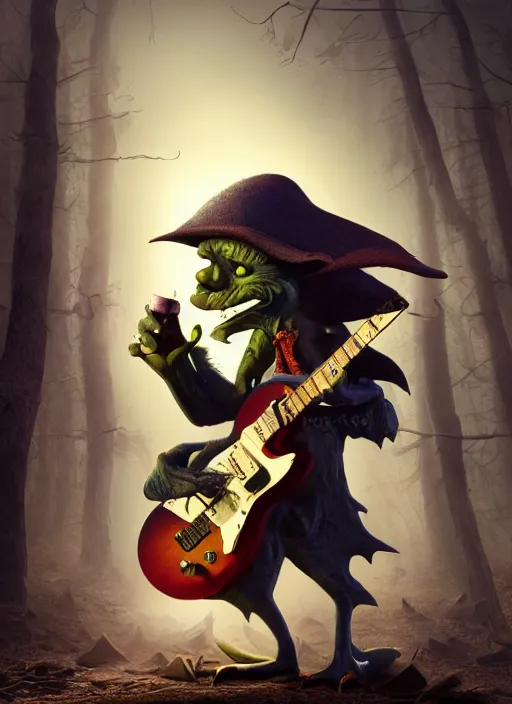 Prompt: a cute sharply dressed goblin playing the blues on an old guitar, in the style of boris valejo and patrick woodroffe, fantastic, dramatic lighting, smokey, forest, hyperrealistic, detailed, octane render