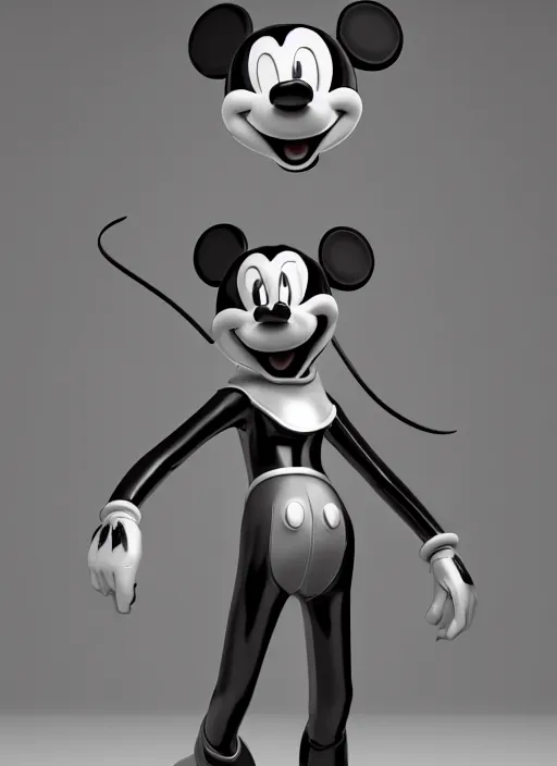 Prompt: stylized shiny latex rubber leather statue full body made of marble of disney character mickey mouse, perfect symmetrical body, perfect symmetrical face, hyper realistic, hyper detailed, by johannen voss, by michelangelo, octane render, blender, 8 k, displayed in pure white studio room