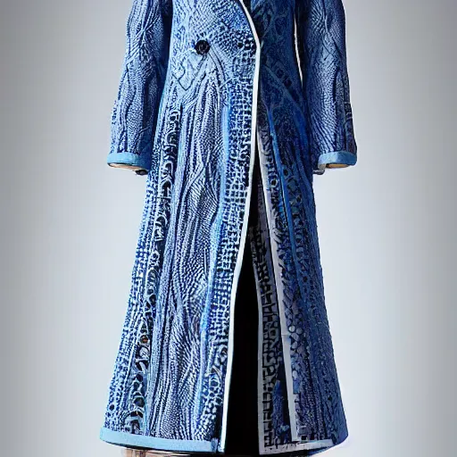 Image similar to fashion 2 0 5 0 fantastic openwork long coat with intricate pattern on a beautiful symmetrical girl with blue hair, hyper realistic photos