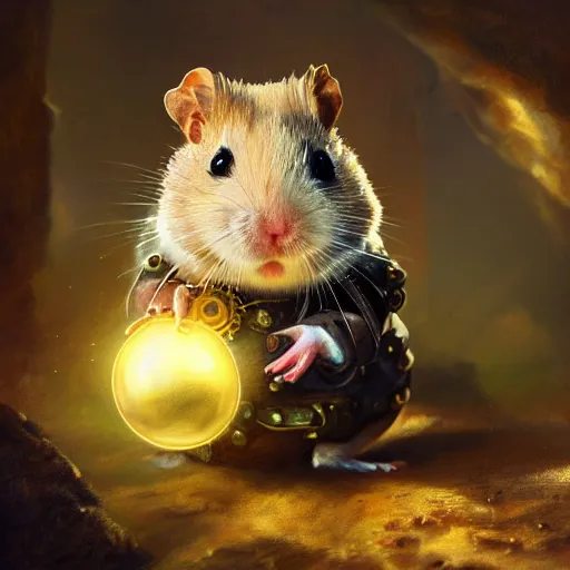 Image similar to oil painting of anthropomorphized hamster holding shiny gem, steampunk clothes, close shot, full body, dark steampunk mine shaft background, sharp focus, fantasy style, octane render, volumetric lighting, 8k high definition, by greg rutkowski, highly detailed, trending on art Station, dungeons and dragons artwork, centered