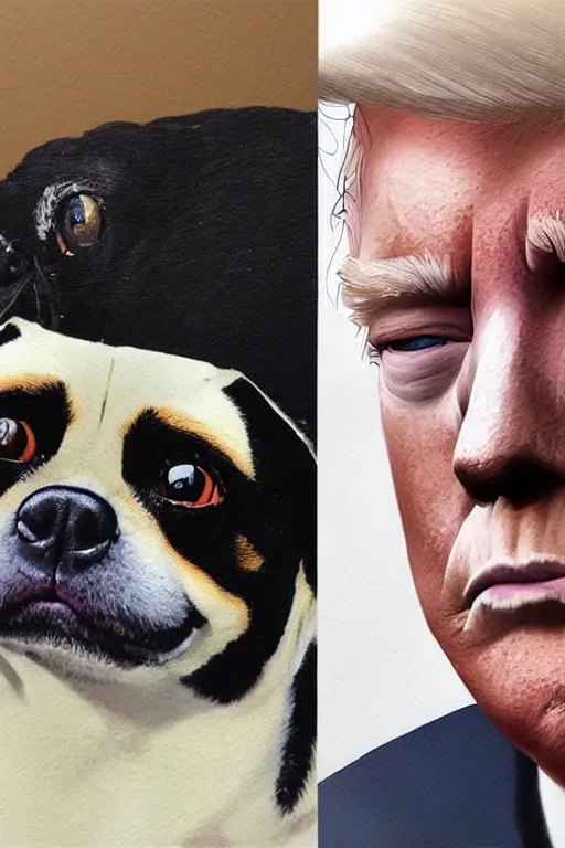 Prompt: photorealistic portrait photograph of donald trump with a black pugalier, handsome, depth of field, soft focus, highly detailed, intricate, realistic, national geographic cover, soft glow, textured, artstation, concept art, sharp focus, illustration, art by artgerm and greg rutkowski and alphonse mucha