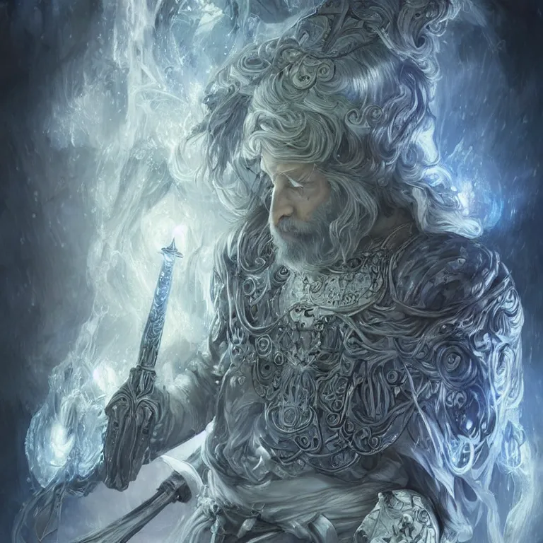 Image similar to Portrait of an Aasimar Paladin-Druid with glowing blue eyes, pale grey skin, silver full beard, and silver hair. He has a sword and wears green armor. Epic fantasy art, award winning on Artstation, intricate, highly detailed, dramatic lighting, illustration, concept art, art by artgerm and greg rutkowski and alphonse mucha, D&D, Dungeons and Dragons.