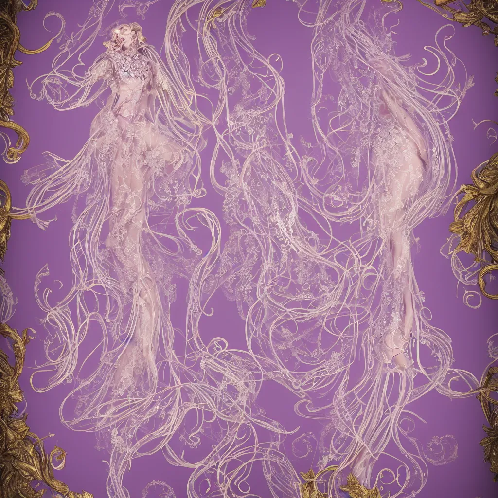 Prompt: purple dress design with goldenlace in the style of rococo ,Victorian era，jellyfish element,dreamy, soft ,Backlight ,luminescence,Aetherpunk,highly detailed,8k