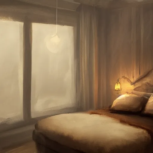 Prompt: cozy rustic bedroom that is dimly lit with a night view of new york in heavy mist, highly detailed, artstation, concept art