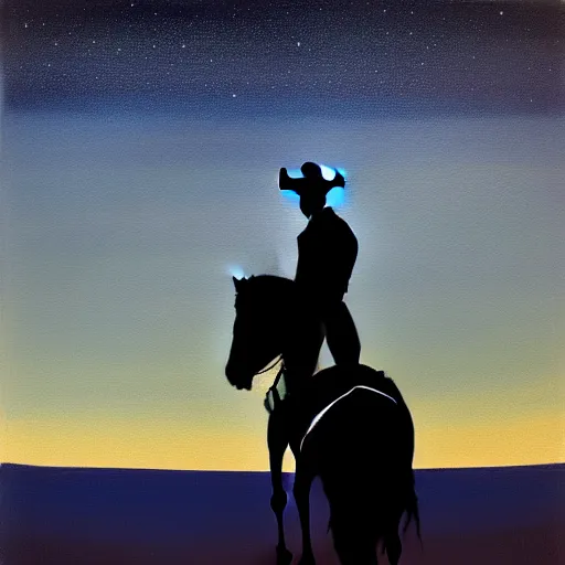 Prompt: a painting of a silhouette of a cowboy riding a horse into the dark horizon, high contrast, black and blue color scheme, dark, creepy, night, far away, in the distance