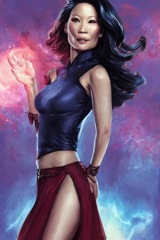 Image similar to frontal standing pose portrait of Lucy Liu as Sabrina the Teenager Witch, very beautiful young woman, straight hair, push-up underwire. Intricate, concept art, magic lighting overlays, magical portal opened, D&D!, fantasy style, sharp focus!, ultra detailed, art by Artgerm and Peter Andrew Jones, WLUP, Magali Villeneuve