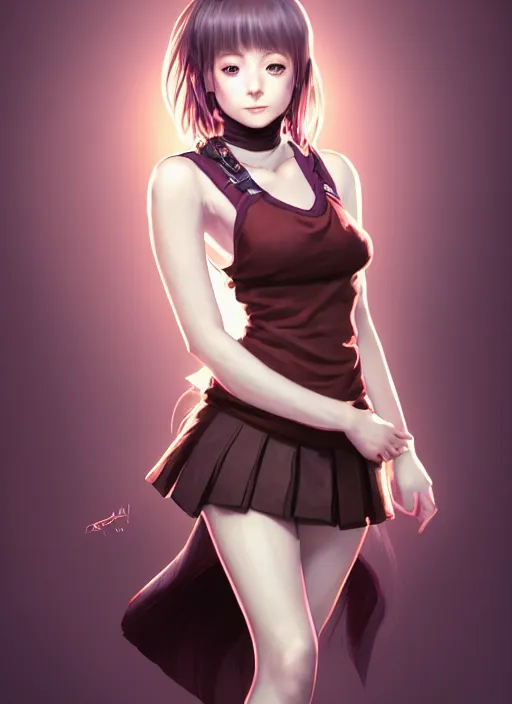 Image similar to portrait of a full body of beautiful young female detective, d & d, sleeveless turtleneck, pleated skirt, fantasy, flat lighting, intricate, highly detailed, digital painting, artstation, concept art, smooth, sharp focus, illustration, misa amane, art by simon bisley and greg rutkowski and alphonse mucha, natural tpose