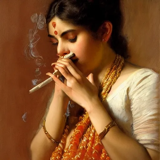 Image similar to detailed portrait of hindu traditional girl smoking joint i baroque painting, girl graceful, eyes closed, painting by gaston bussiere, craig mullins, j. c. leyendecker