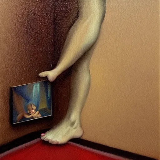 Image similar to a hyper realistic oil painting of a ghost standing at a corner being caught on the camera the ghost is looking at the camera while rising her foot 3 d