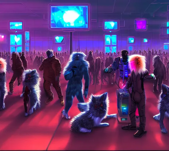 Image similar to high - resolution photograph from a cyberpunk era furry fandom convention ( midwest furfest 2 0 4 7 ), taking place after the genetic revolution and quantum singularity. photorealistic.