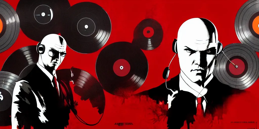 Image similar to a portrait of agent 4 7 from hitman wearing headphones in front of a wall of vinyl records, dark background, red rim light, digital art, artstation, art by yoji shinkawa