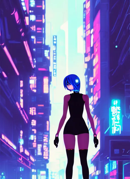 Image similar to digital illustration of cyberpunk pretty girl with blue hair, wearing a tight black dress, full body pose, in city street at night, by makoto shinkai, ilya kuvshinov, lois van baarle, rossdraws, basquiat