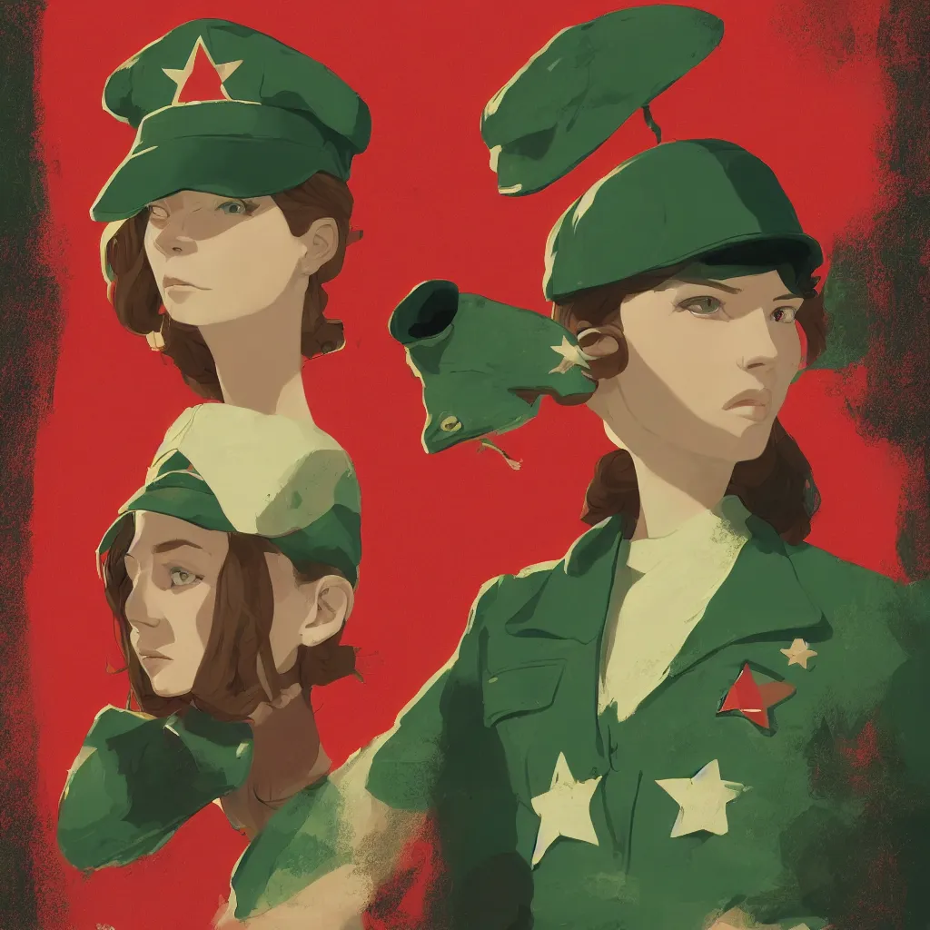 Prompt: a beautiful young woman character wearing a green military cap with a red star, by tomer hanuka and roxie vizcarra and frank stockton and greg rutkowski and victo ngai, simple portrait, character concept, 2 d character, soft lighting, masterpiece, cinematic, filmic