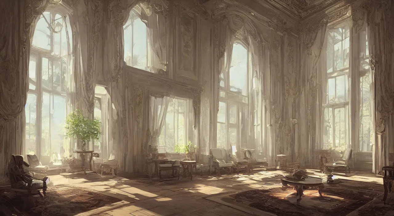 Prompt: interior of a beautiful mansion with large windows, matte painting by sylvain sarrailh, artstation