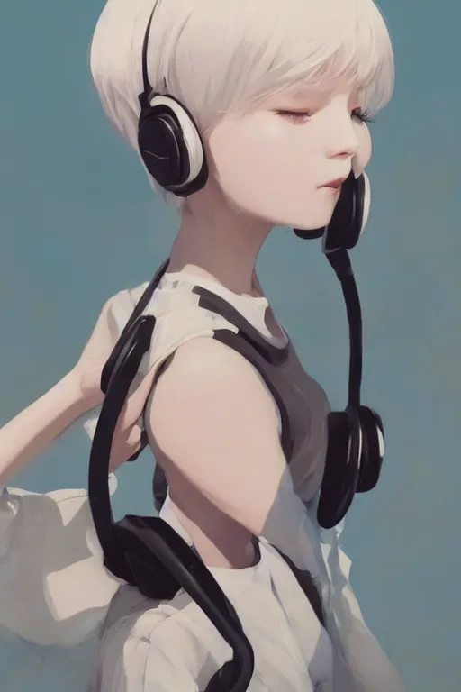 Prompt: a cute young woman listening to music with her eyes closed and wearing headphones in the style of Ilya Kuvshinov and Range Murata, white bob cut hair, freckles, blue filter, blue and white, vivid colors, soft lighting, cinematic, moody, nier automata, poster, oil on canvas by Krenz Cushart, 8k