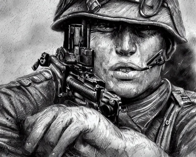 Prompt: A soldier with a hateful face aiming a machine gun towards a cat, world war 1, close-up, realistic face, beautiful face detail, mature facial features, black and white, amazing digital art, hyper detailed, artstation, in the style of Tony Sart